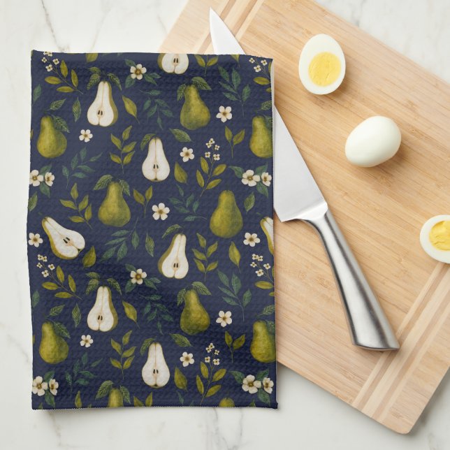 Green Pear Watercolor Pattern on Dark Blue  Kitchen Towel (Quarter Fold)