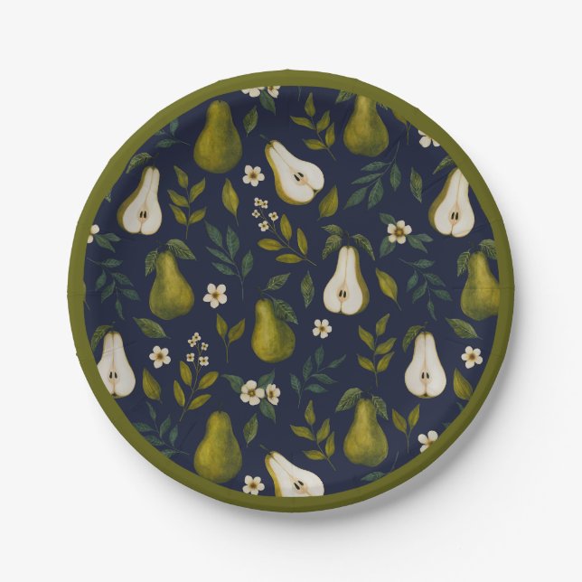 Green Pear Watercolor Pattern on Dark Blue  Paper Plate (Front)