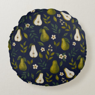 Green Pear Watercolor Pattern on Dark Blue Round Pillow