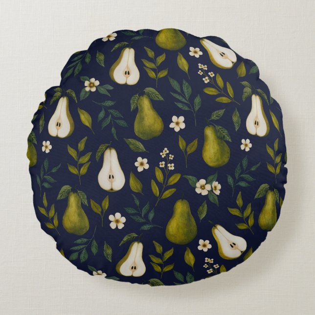 Green Pear Watercolor Pattern on Dark Blue  Round Pillow (Front)