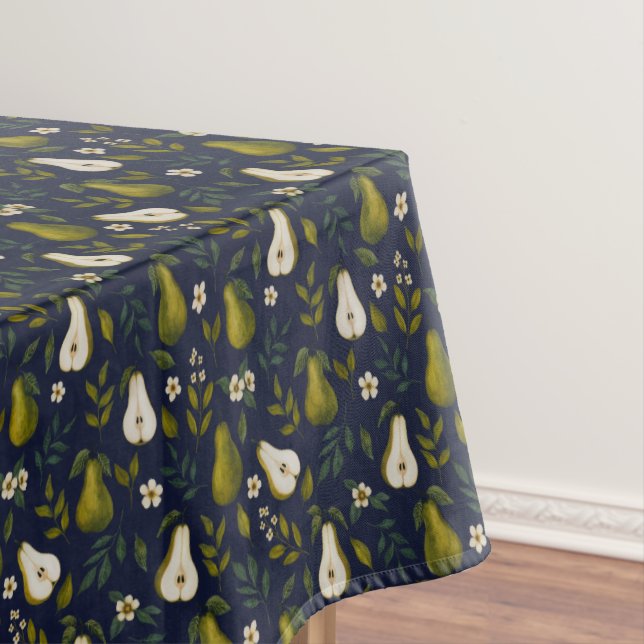 Green Pear Watercolor Pattern on Dark Blue  Tablecloth (In Situ)