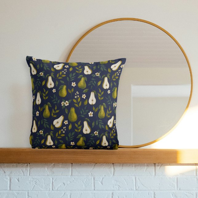 Green Pear Watercolor Pattern on Dark Blue  Throw Pillow (Creator Uploaded)