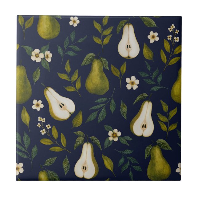 Green Pear Watercolor Pattern on Dark Blue  Tile (Front)