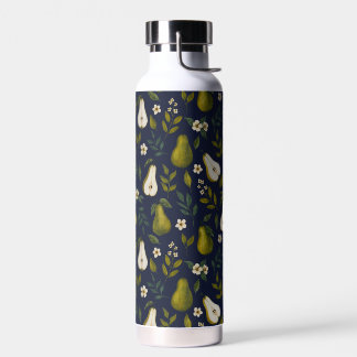 Green Pear Watercolor Pattern on Dark Blue Water Bottle