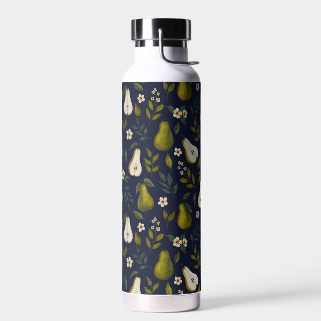 Green Pear Watercolor Pattern on Dark Blue  Water Bottle (Left)