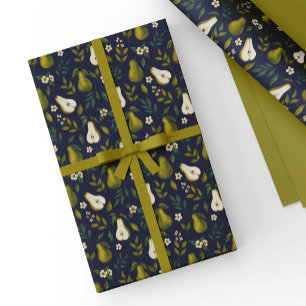 Green Pear Watercolor Pattern on Dark Blue  Wrapping Paper
