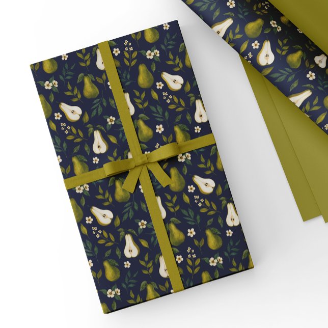 Green Pear Watercolor Pattern on Dark Blue  Wrapping Paper (Creator Uploaded)