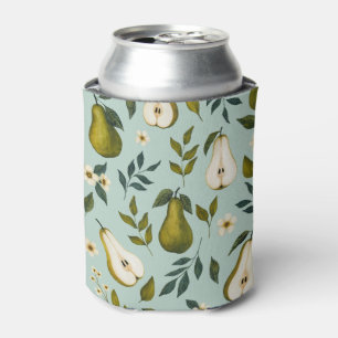 Green Pear Watercolor Pattern on Dusty Blue Can Cooler