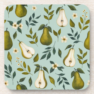 Green Pear Watercolor Pattern on Dusty Blue Coaster