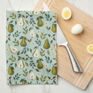 Green Pear Watercolor Pattern on Dusty Blue Kitchen Towel