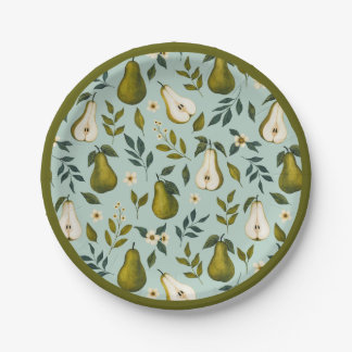 Green Pear Watercolor Pattern on Dusty Blue  Paper Plate