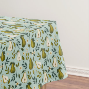Green Pear Watercolor Pattern on Dusty Blue Tablecloth