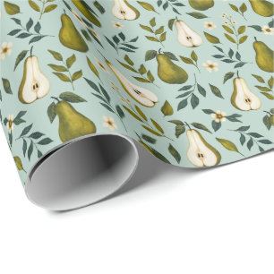 Green Pear Watercolor Pattern on Dusty Blue Wrapping Paper