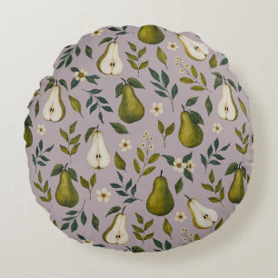 Green Pear Watercolor Pattern on Dusty Lilac Round Pillow