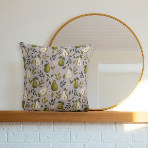 Green Pear Watercolor Pattern on Dusty Lilac Throw Pillow
