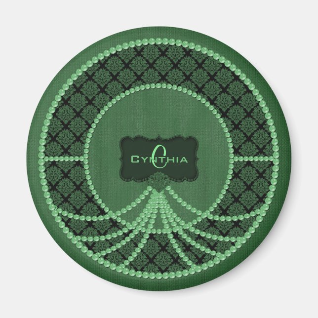 Green Pearl Damask-Round Magnet (Front)