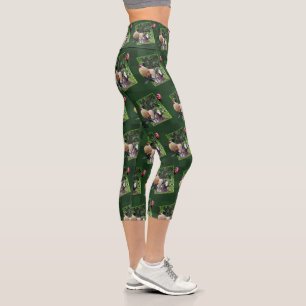 Green Peekaboo Rooster And Chicken Design, Capri Leggings