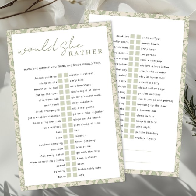 Green Perfect Pear Bridal Shower Would She Rather (Would She Rather Bridal Shower Game)