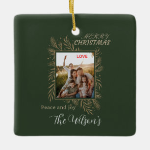 Green personalized family photo name ceramic ornament