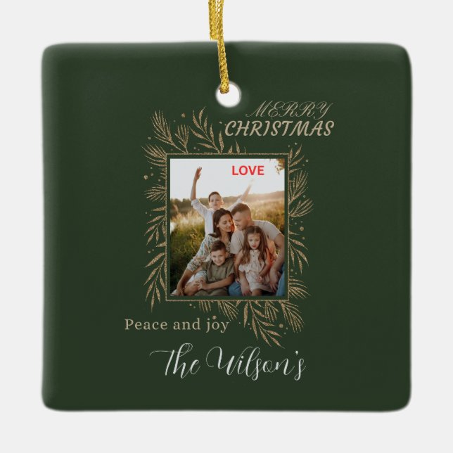 Green personalized family photo name ceramic ornament (Front)