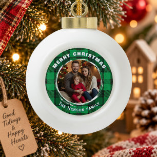 Green Personalized Family Photo Plaid Pattern Ceramic Ball Christmas Ornament