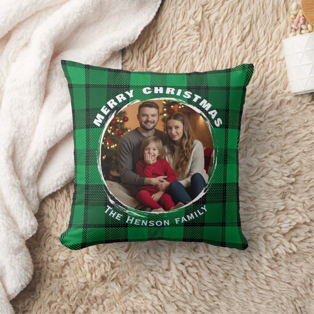 Green Personalized Family Photo Plaid Pattern  Throw Pillow (Blanket)