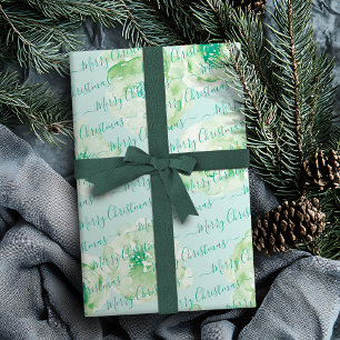 Green Personalized Merry Christmas Script Floral Wrapping Paper