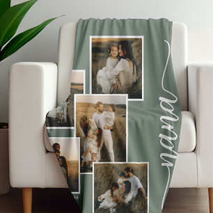 Green Personalized Nana Grandkid 5 Photo Collage Fleece Blanket