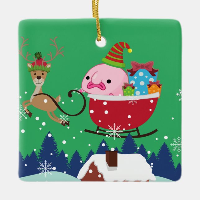 Green Personalized Santa Blobfish Ceramic Ornament (Front)