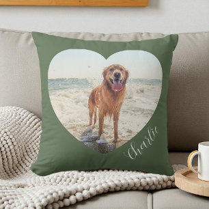 Green Pet Heart Photo Script Cute Personalized Dog Throw Pillow