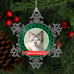 Green Pet Paw Prints Personalized Cat Name Photo Snowflake Pewter Christmas Ornament<br><div class="desc">This festive custom holiday ornament can be personalized with a cute photo of your pet cat (or dog) and their first name. Includes a green background color with a red monogram stripe and black paw print pattern. Makes a unique Christmas gift for cat lovers or to celebrate kitty's first Christmas!...</div>