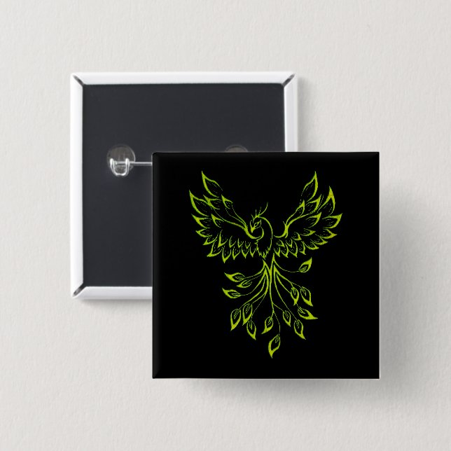 Green Phoenix Rises on Black  2 Inch Square Button (Front & Back)
