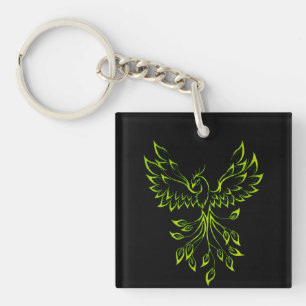 Green Phoenix Rises on Black Keychain
