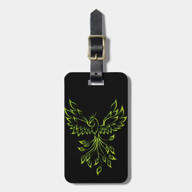 Green Phoenix Rises on Black  Luggage Tag (Front Vertical)