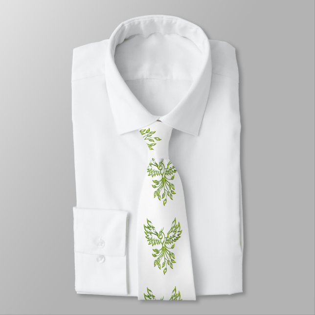 Green Phoenix Rises on White Tie (Tied)