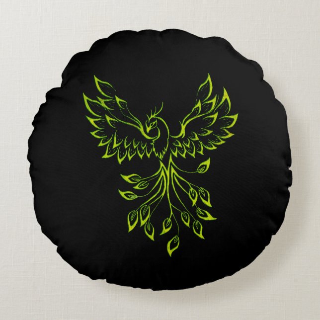 Green Phoenix Rises Round Pillow (Front)