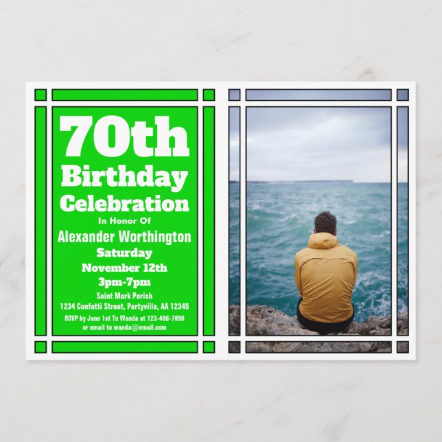 Green Photo 70th Birthday Party Invitation (Front)
