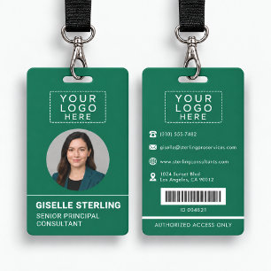 Green Photo Bar Code Name ID Badge Employee Logo