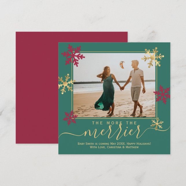 Green Photo Christmas Pregnancy Announcement Card (Front/Back)