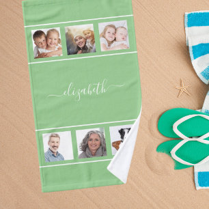 Green photo collage name script hand towel