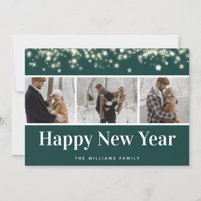 Green Photo Collage Script Happy New Year Card (Front)