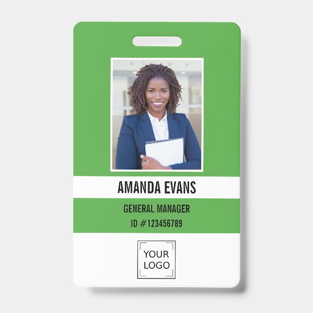 Green | Photo Employee Logo or QR CODE Security Badge (Front)