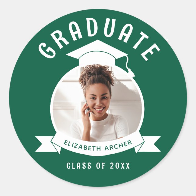 Green Photo Graduation Classic Round Sticker (Front)