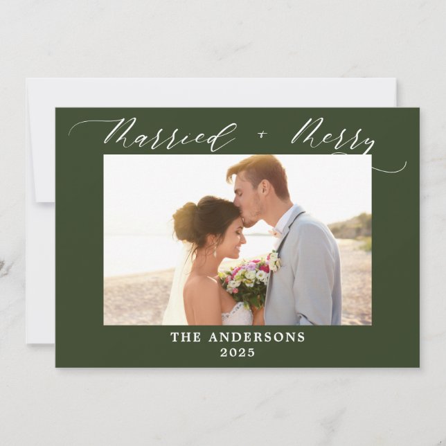Green Photo Merry Married Wedding Christmas  Thank You Card (Front)