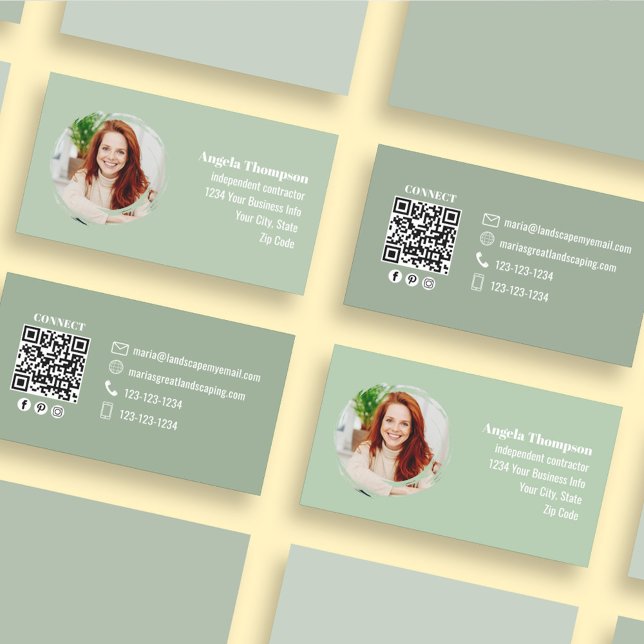 Green Photo QR Code Social Media Business Card (Business card template with a photo template and a scannable QR code. )