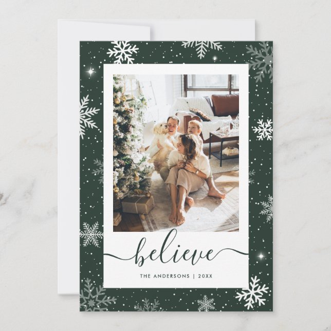 Green Photo Snowflake Believe Holiday Card (Front)