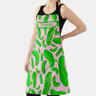 Green Pickles Pink Background Apron