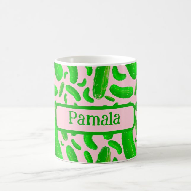 Green Pickles Pink Background Coffee Mug (Center)