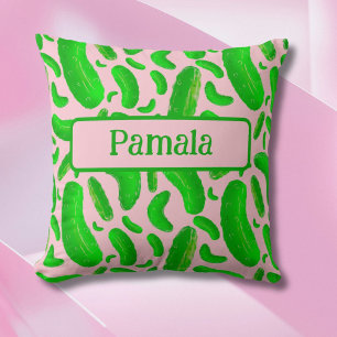 Green Pickles Pink Background Throw Pillow