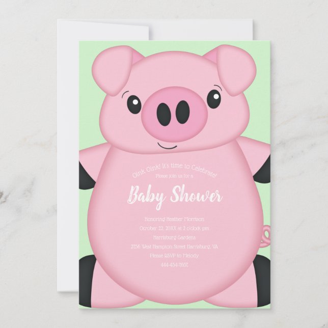 Green Pig Baby Shower Invitation (Front)